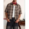 image:imageGORGLITTER Mens Gingham Cropped Shirt Plaid Button Up Short Sleeve Checkered Vintage Streetwear Crop Tops TeeRust Brown