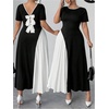 image:imageGORGLITTER Womens Plus Size Pleated Dress Bow Summer Wedding Guest Cocktail Formal Evening Short Sleeve Maxi Sun DressBlack and White
