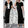 image:imageGORGLITTER Womens Plus Size Pleated Dress Bow Summer Wedding Guest Cocktail Formal Evening Short Sleeve Maxi Sun DressBlack and White Dots