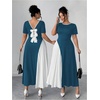 image:imageGORGLITTER Womens Plus Size Pleated Dress Bow Summer Wedding Guest Cocktail Formal Evening Short Sleeve Maxi Sun DressTeal Blue