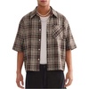 image:imageGORGLITTER Mens Gingham Cropped Shirt Plaid Button Up Short Sleeve Checkered Vintage Streetwear Crop Tops TeeRust Brown