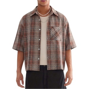 image:imageGORGLITTER Mens Gingham Cropped Shirt Plaid Button Up Short Sleeve Checkered Vintage Streetwear Crop Tops TeeBurnt Orange