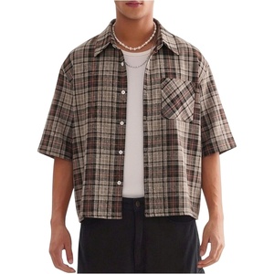 image:imageGORGLITTER Mens Gingham Cropped Shirt Plaid Button Up Short Sleeve Checkered Vintage Streetwear Crop Tops TeeRust Brown