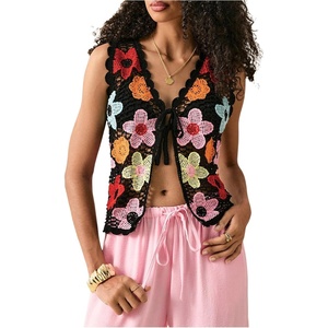 image:imageGORGLITTER Womens Crochet Boho Embroidered Vest Tops Floral Sleeveless Button Up Knit Tank Top Western Cowgirl OutfitsBlack Floral
