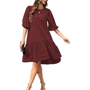 image:imageGORGLITTER Womens Peplum Babydoll Formal Dress Puff Sleeve High Low Ruffle Crewneck Funeral Short Dresses Teacher OutfitsBurgundy