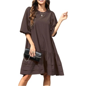image:imageGORGLITTER Womens Peplum Babydoll Formal Dress Puff Sleeve High Low Ruffle Crewneck Funeral Short Dresses Teacher OutfitsCoffee Brown