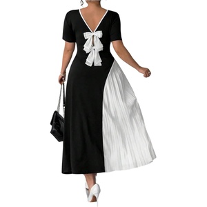 image:imageGORGLITTER Womens Plus Size Pleated Dress Bow Summer Wedding Guest Cocktail Formal Evening Short Sleeve Maxi Sun DressBlack and White
