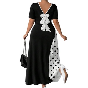 image:imageGORGLITTER Womens Plus Size Pleated Dress Bow Summer Wedding Guest Cocktail Formal Evening Short Sleeve Maxi Sun DressBlack and White Dots