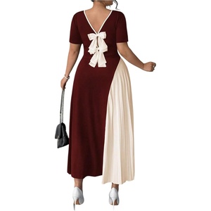 image:imageGORGLITTER Womens Plus Size Pleated Dress Bow Summer Wedding Guest Cocktail Formal Evening Short Sleeve Maxi Sun DressBurgundy