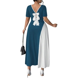 image:imageGORGLITTER Womens Plus Size Pleated Dress Bow Summer Wedding Guest Cocktail Formal Evening Short Sleeve Maxi Sun DressTeal Blue