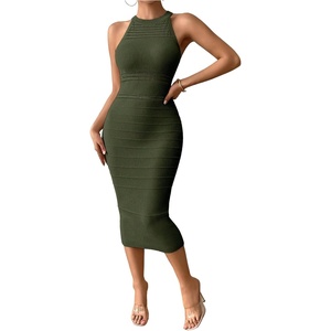 image:imageGORGLITTER Womens Summer Outfits Crochet Halter Midi Dress Birthday Wedding Guest Dress Knit Vacation Going Out SundressArmy Green