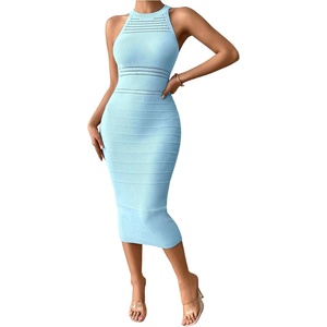 image:imageGORGLITTER Womens Summer Outfits Crochet Halter Midi Dress Birthday Wedding Guest Dress Knit Vacation Going Out SundressBlue