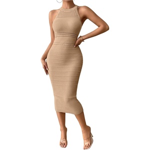 image:imageGORGLITTER Womens Summer Outfits Crochet Halter Midi Dress Birthday Wedding Guest Dress Knit Vacation Going Out SundressKhaki