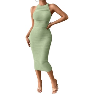 image:imageGORGLITTER Womens Summer Outfits Crochet Halter Midi Dress Birthday Wedding Guest Dress Knit Vacation Going Out SundressOlive Green
