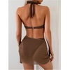 image:imageGORGLITTER Womens 3 Piece Swimsuits Halter High Cut Metal Bikini Sets Bathing Suit Set with Cover Up Sarong SkirtCoffee Brown