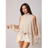 image:imageGORGLITTER Womens Chiffon Halter Top Shiny Cold Shoulder Blouse Split Flounce Sleeve Mock Neck Loose Fit Flowy ShirtApricot