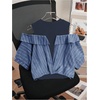 image:imageGORGLITTER Womens Cold Shoulder 2 in 1 Tops Pinstriped Twist Short Sleeve Casual Blouses Fake Two Piece TopsBlue