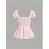 image:imageGORGLITTER Womens Floral Jacquard Puff Sleeve Top Ruched Tie Front Sweetheart Neck Blouse Cute Going Out Peplum TopsPink