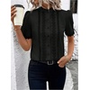 image:imageGORGLITTER Womens Floral Puff Sleeve Eyelet Blouse Embroidered Mock Neck Short Sleeve Button Down Shirts 2026 Dressy TopsBlack