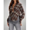 image:imageGORGLITTER Womens Plaid Flannel Shirt Cinched Waist Tops Fitted Long Sleeve Checkered V Neck Fall Blouses Blue and Brown Small