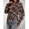 image:imageGORGLITTER Womens Plaid Flannel Shirt Cinched Waist Tops Fitted Long Sleeve Checkered V Neck Fall Blouses Blue and Brown Small
