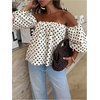 image:imageGORGLITTER Womens Polka Dots Off The Shoulder Blouse Ruched Puff Short Sleeve Flowy Tops Summer Dressy Casual Shirt 2026White