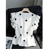 image:imageGORGLITTER Womens Polka Dots Ruffle Tops Chiffon Cap Sleeve Dressy Business Casual V Neck Elegant Blouse ShirtsBlack and White