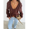 image:imageGORGLITTER Womens Ruffle Long Sleeve Crop Tops Boho Blouse V Neck Cropped Peplum Baby Doll Tops ShirtsCoffee Brown