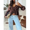 image:imageGORGLITTER Womens Ruffle Long Sleeve Crop Tops Boho Blouse V Neck Cropped Peplum Baby Doll Tops ShirtsCoffee Brown