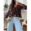 image:imageGORGLITTER Womens Ruffle Long Sleeve Crop Tops Boho Blouse V Neck Cropped Peplum Baby Doll Tops ShirtsCoffee Brown