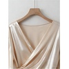 image:imageGORGLITTER Womens Satin Wrap Blouse Side Ruched V Neck Short Sleeve Elegant Work Office Business Shirts TopApricot