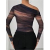 image:imageGORGLITTER Womens Tie Dye Off The Shoulder Top Mesh Long Sleeve Shirts Ruched Asymmetrical Y2k Fall Trendy TshirtBrown