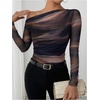 image:imageGORGLITTER Womens Tie Dye Off The Shoulder Top Mesh Long Sleeve Shirts Ruched Asymmetrical Y2k Fall Trendy TshirtBrown