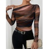 image:imageGORGLITTER Womens Tie Dye Off The Shoulder Top Mesh Long Sleeve Shirts Ruched Asymmetrical Y2k Fall Trendy TshirtRust Brown