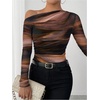 image:imageGORGLITTER Womens Tie Dye Off The Shoulder Top Mesh Long Sleeve Shirts Ruched Asymmetrical Y2k Fall Trendy TshirtRust Brown
