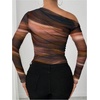 image:imageGORGLITTER Womens Tie Dye Off The Shoulder Top Mesh Long Sleeve Shirts Ruched Asymmetrical Y2k Fall Trendy TshirtRust Brown