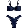 image:imageGORGLITTER Womens 2 Piece Swimsuit High Cut Thong Bikini Set Ruched Bow Lace Trim Vacation Cheeky Cruise Bathing SuitBlue