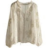 image:imageGORGLITTER Womens Boho Peasant Blouses Floral Embroidered Tops Summer Sheer Tie Front Flowy Long Sleeve Button Up ShirtsWhite Floral