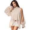 image:imageGORGLITTER Womens Chiffon Halter Top Shiny Cold Shoulder Blouse Split Flounce Sleeve Mock Neck Loose Fit Flowy ShirtApricot