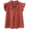 image:imageGORGLITTER Womens Gingham Ruffle Blouses Top Cute Cap Sleeve Summer Casual Shirts Tie Front Button Down Going Out TopsRed