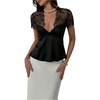 image:imageGORGLITTER Womens Lace Satin Blouses Deep V Neck Short Sleeve Cinched Waisted Babydoll Tops Elegant Summer Going Out OutfitsBlack