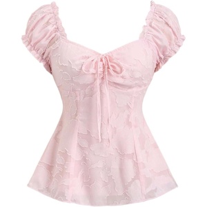 image:imageGORGLITTER Womens Floral Jacquard Puff Sleeve Top Ruched Tie Front Sweetheart Neck Blouse Cute Going Out Peplum TopsPink
