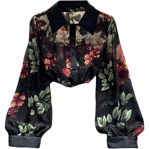 image:imageGORGLITTER Womens Floral Mesh Lantern Long Sleeve Blouse Tops Sheer Button Down See Through Shirts Goth Going Out TopsBlack