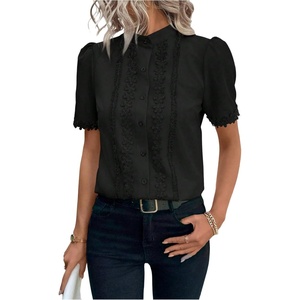 image:imageGORGLITTER Womens Floral Puff Sleeve Eyelet Blouse Embroidered Mock Neck Short Sleeve Button Down Shirts 2026 Dressy TopsBlack