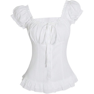 image:imageGORGLITTER Womens Frill Trim Button Up Shirt Tie Front Puff Sleeve Square Neck Blouse TopsWhite