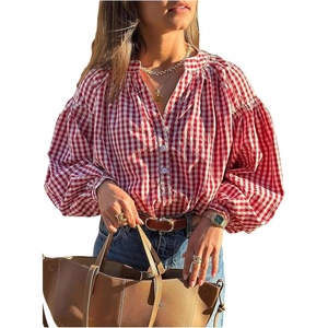 image:imageGORGLITTER Womens Gingham Top Ruched Puff Long Sleeve Button Down Shirts Loose Fit Dressy Casual Spring BlouseHot Pink
