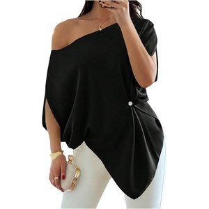image:imageGORGLITTER Womens Off The Shoulder Asymmetrical Tops Dressy Dolman Sleeve Ruched Going Out Blouse Poncho ShirtsBlack