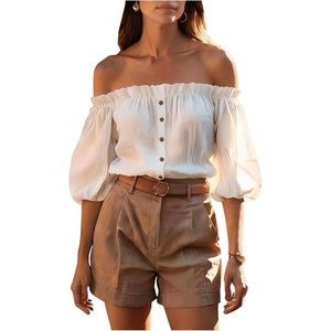 image:imageGORGLITTER Womens Off The Shoulder Ruffle Top 34 Sleeve Button Down Shirt Elegant Chic Work Blouse TopsWhite