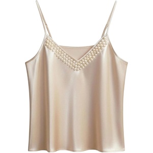 image:imageGORGLITTER Womens Pearls Satin Cami Tops Dressy V Neck Sleeveless Spaghetti Strap Date Night Party Work Camisole BlouseLight Brown