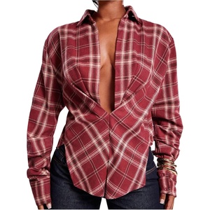 image:imageGORGLITTER Womens Plaid Cinched Waist Shirts V Neck Long Sleeve Fitted Tops Checkered Collared Causal Work BlousesBurgundy